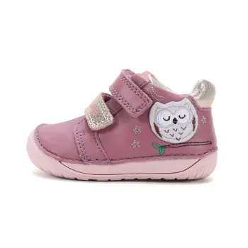 Pantofi DD Step fete, barefoot, primii pasi, talpa flexibila, piele naturala, mov, bufnita